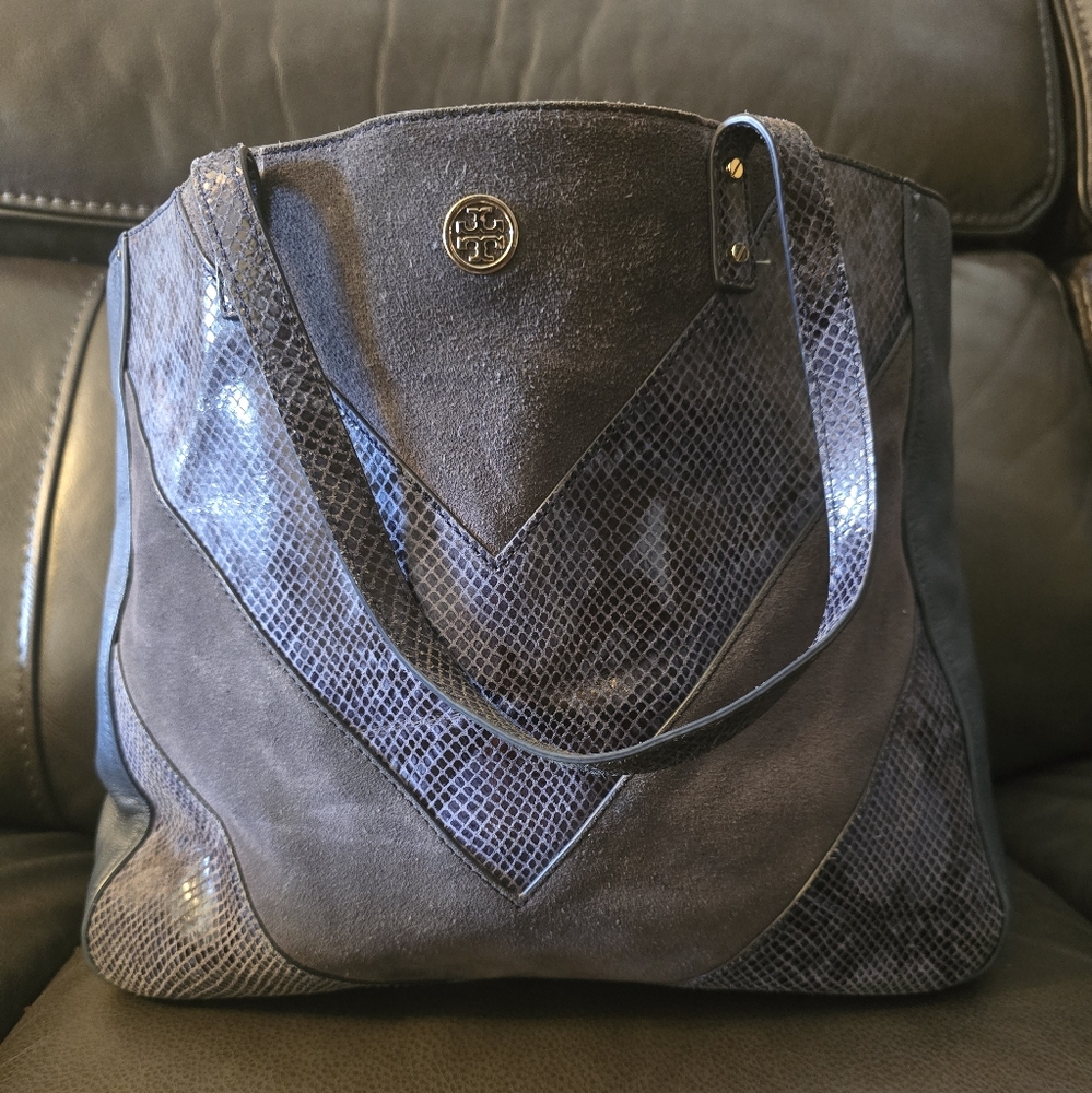 Tory Burch Blue Suede And Leather Tote Bag